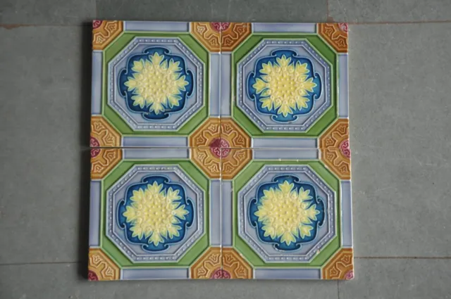 4 Pc Vintage NTK Butterfly Mark Flower Embossed Ceramic Tiles,Japan