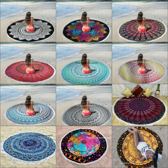 Indien Handmade Plage Coussin Coton Housse Neuf Mandala Imprimé Rond Tapis de