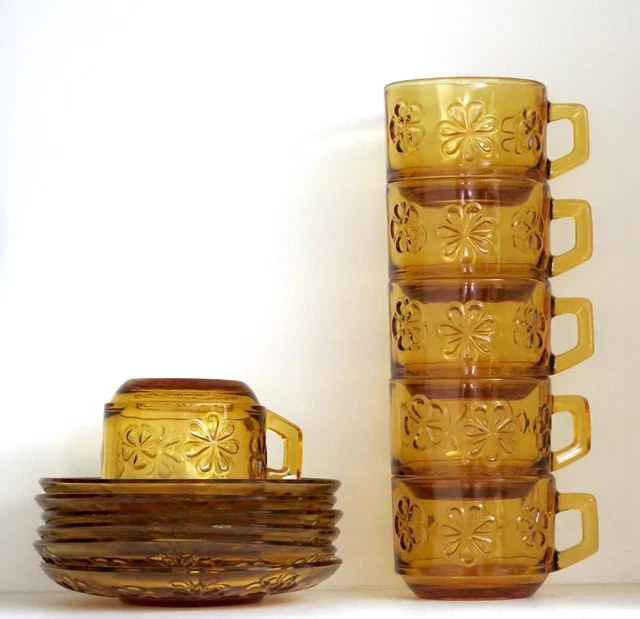 Lot De 4 Tasses à Café Vereco Verre Bleu + Soucoupes – Vintage France