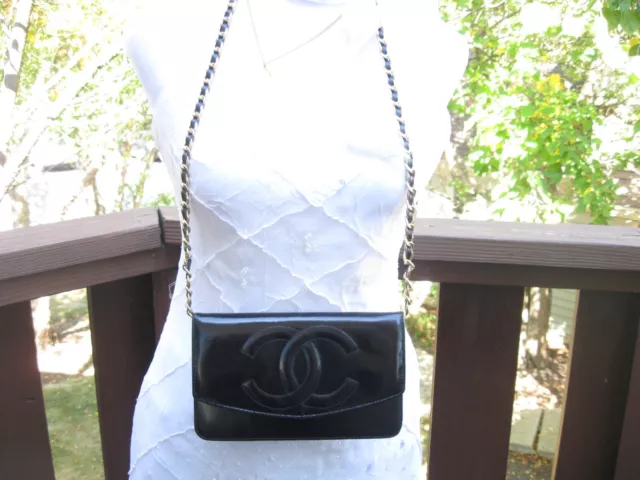 AUTHENTIC CHANEL BLACK Patent Leather CC Logo Long Flap Bag Clutch