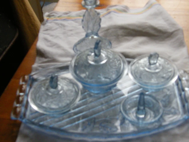 blue glass dressing table set Art Deco Ice Blue Glass dressing table set main image 0