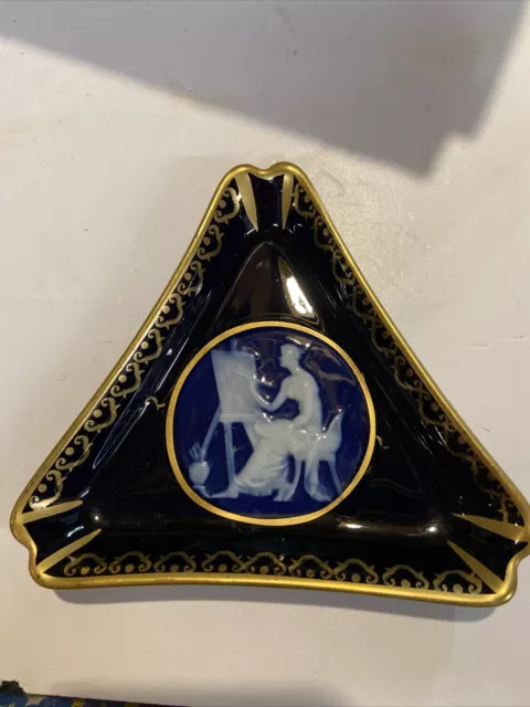 Limoges THARAUD France Cobalt Blue Gold Triangular Ashtray Trinket Dish Painter
