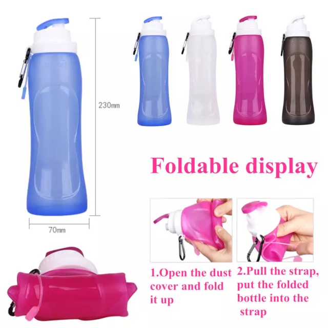 Portable Silicone  Water Bottle 500ml Foldable Collapsible Drink Sports Hiking