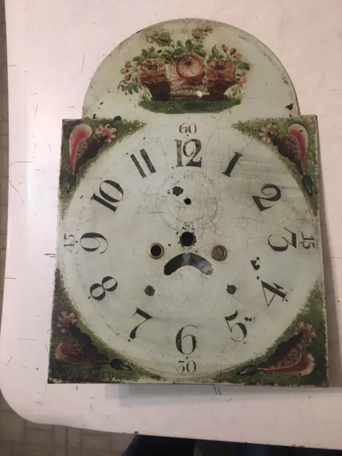 Antique Grandfather Clock Dial W/ Hand Painted Flower Basket Conch Shells