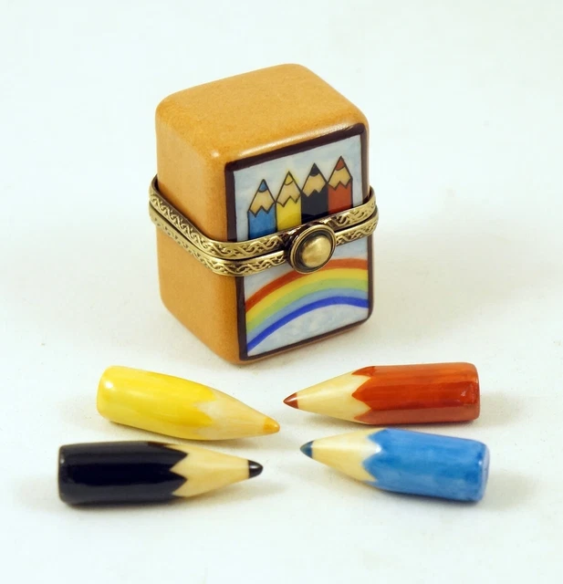 New French Limoges Trinket Box Pencil Box w Colorful Porcelain Removable Pencils