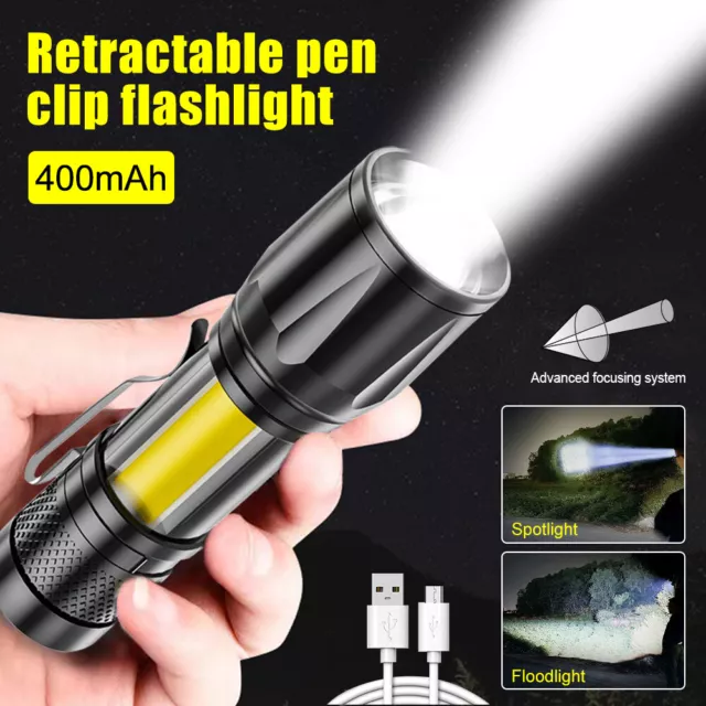 Mini LED Flashlight COB Light Penlight Pocket Zoomable EDC Torch Lamp 3-Mode UK