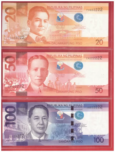 2013 PHILIPPINES 20 50 & 100 Piso NGC Aquino Solid No. Banknote 3 pcs 222222 UNC