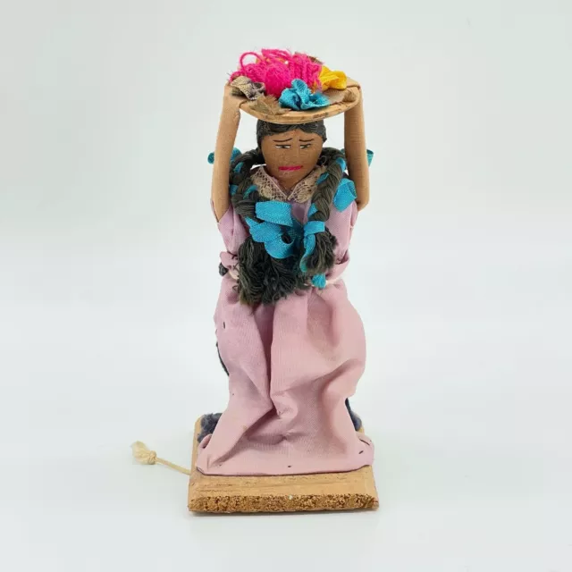 Vtg Guatemalan Handmade Folk Fabric Doll Woman Carrying a Basket Wooden Stand