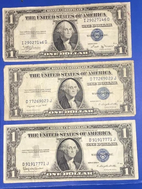 1935B 1935G w/Motto & 1935H $1 SILVER Certificates Set of 3 X146 Hard to Find!