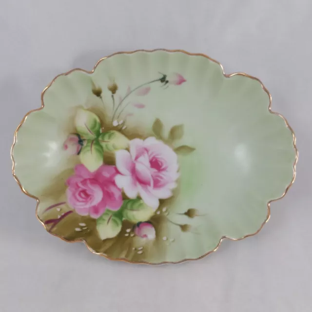 Lefton China Heritage Rose Green With Pink Roses #1860 Oval Bowl Dish Japan