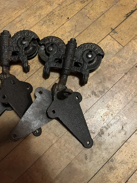 Antique Patina Myers Adjustable Stay On cast iron Barn Door Rollers Pair Set USA 2