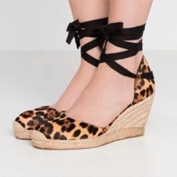 J Crew Espadrille Wedges Sz 8.5 Leopard Calf Hair Closed Toe Sandals Lace Up Leg