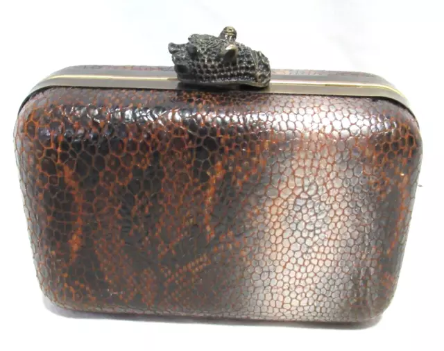 House of Harlow Marley Brown Snake Embossed Leather Clutch Bronze Jaguar Head