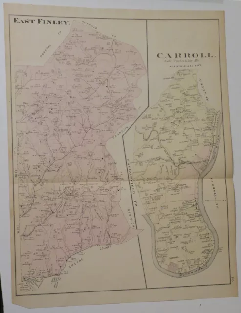 ORIG. HAND-COLORED 1877 MAPS,E. Finley & Carroll TOWNSHIPS,WASHINGTON COUNTY,PA