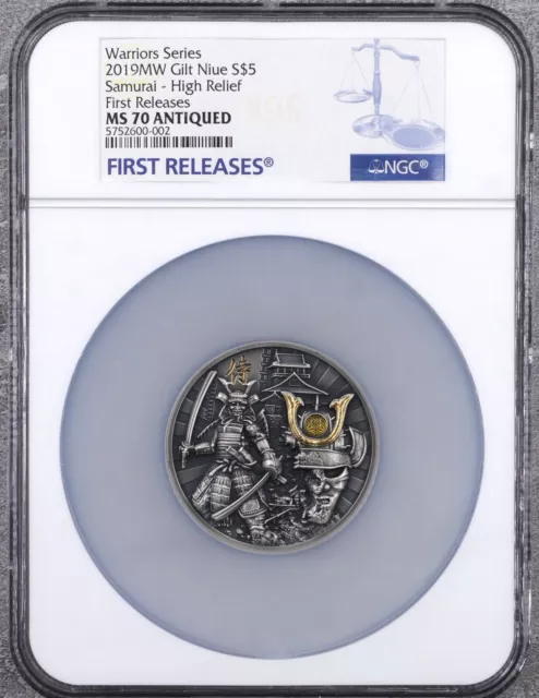 NGC MS70 FR Niue 2019 Warriors Japan Samurai High Relief Silver Coin 2OZ