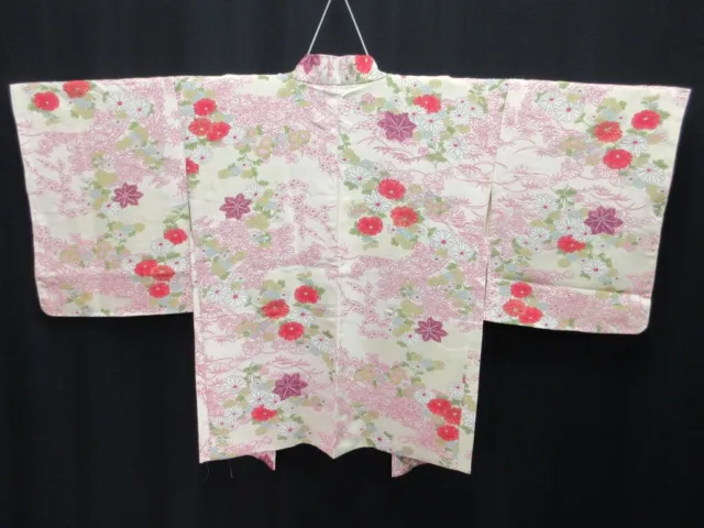 7859L3 Silk Vintage Japanese Kimono Haori Jacket Chrysanthemum Maple Leaf