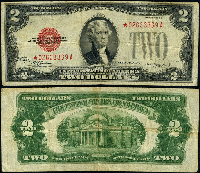 FR. 1505* $2 1928-D Legal Tender Non-Mule *-A Block Fine+ Star
