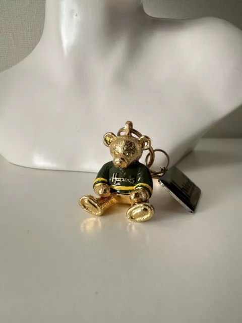 Harrods Gold & Green Union Jack Metal Teddy Bear Keyring Genuine Free P&P