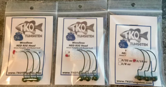 ***TKO Tungsten weedless NED Head Rig offset jigs** 9 pack, 3 sizes, 2 colors**