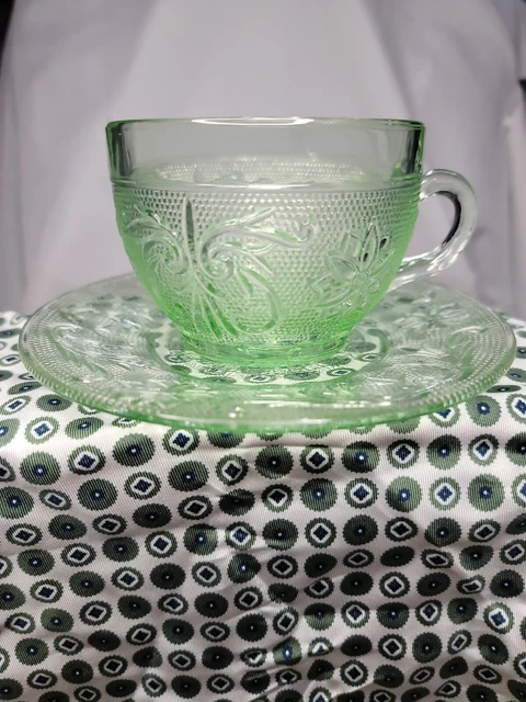 Tiara Green Large Decorative Sandwich Cup And Saucer Heavy Dimpled  Glass