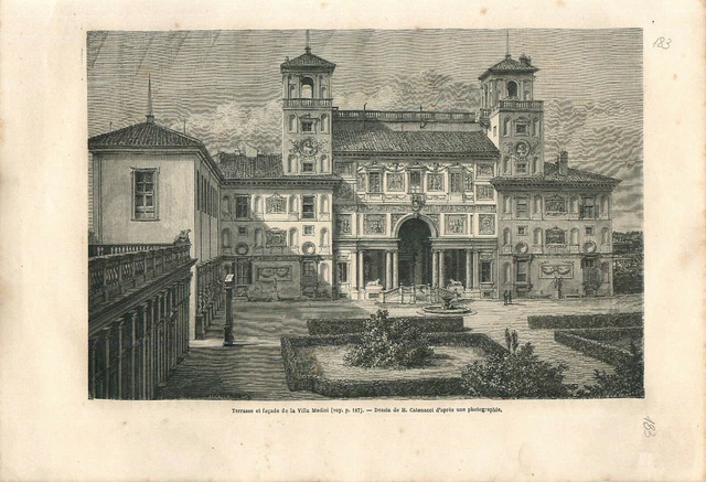 Terrasse façade de la Villa Medici à Rome Roma Italie Italia GRAVURE 1870