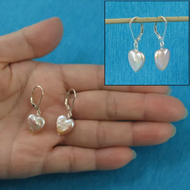 Solid Sterling Silver 925 Lever back Heart Shape Pink Coin Pearl Dangle Earrings