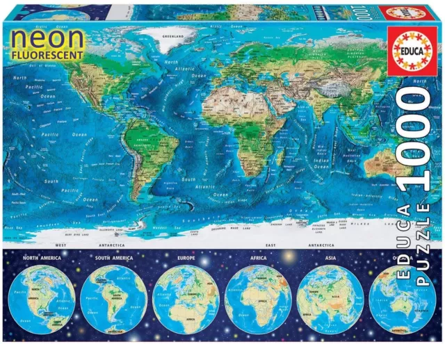 EDUCA, Puzzle 1000 Pièces Carte du monde Fluorescent, EDU16760