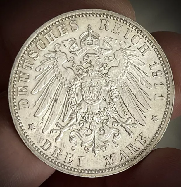 Allemagne, Bavière, 3 mark 1911D. Régent Luitpold. SUP/SPL