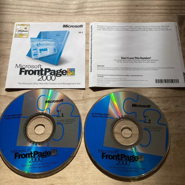 Microsoft Office FrontPage 2000 Vintage Software PC CD ROM Used Windows 2 Discs