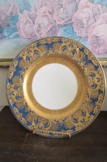 Antique Royal Worcester England Porcelain Plate Blue Heavy Raised Gold