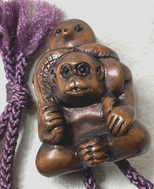OCTOPUS & MONKEY Wood Carving Japanese Netsuke INRO KIMONO Ojime £71.08