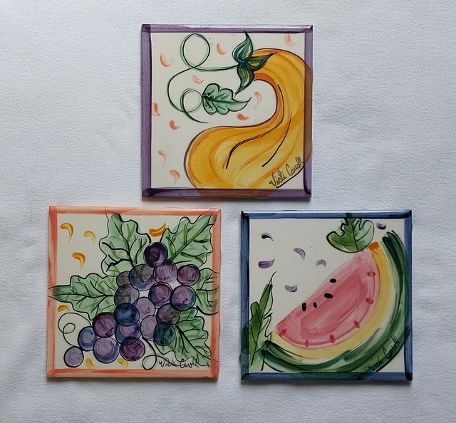 3 VICKI CARROLL 6" sq Hand Painted Tile Trivets  Squash Watermelon Muscadine EUC