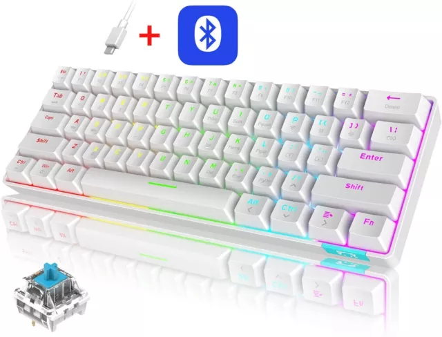 UK 60% Mechanical Keyboard Wired/Wireless 61-Key RGB Rainbow LED Backlit for PC