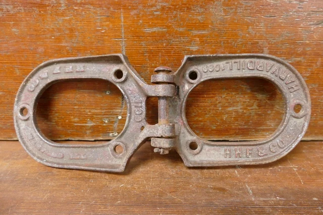 Vintage Antique HHF & Co Harvard IL Cast Iron Horseshoe Style Barn Door Hinges 2