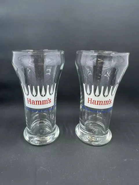 Set Of 2 Hamm’s Sham Beer Glasses With White Crown Logo, 5 1/4” Tall