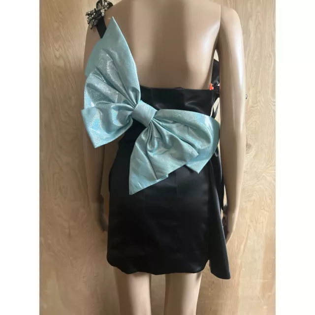 Terani Couture Mini Dress Black/Aqua One Shoulder Crystal Embellished Sz 0 Prom