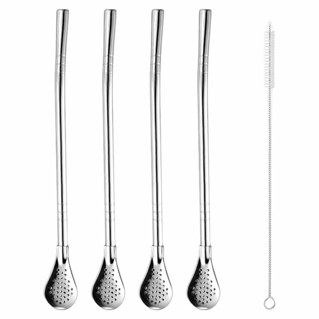 4 Pcs Reusable Stainless Steel Drinking Straws with Filter Spoon w 1 Clean Brush