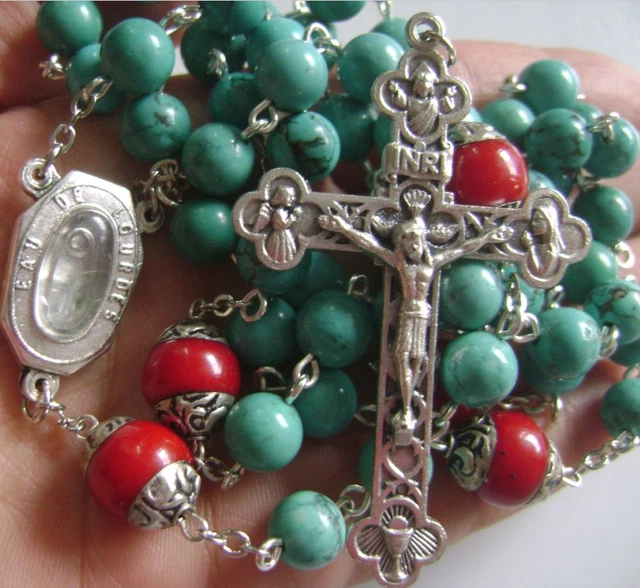 Natural Turquoise & Coral beads Lourdes Water Rosary Cross crucifix Necklace