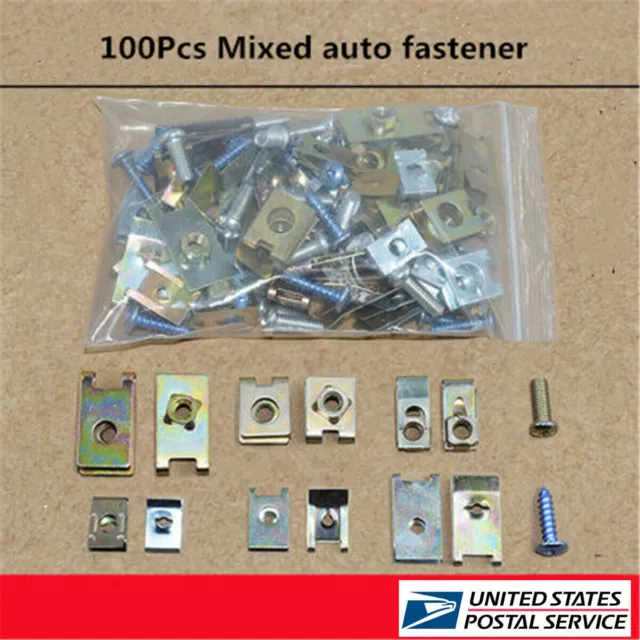 100pcs Car body door panel fastener fixed screw U Type gasket fender metal clips