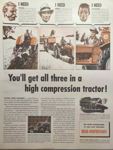 Ethyl Gasoline Corporation High Compression Tractor Farmer Vintage Print Ad 1940