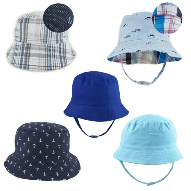 Baby Boy Bucket Sun Hat Chin Strap Reversible Blue Navy Cotton Boys 6-24 Months