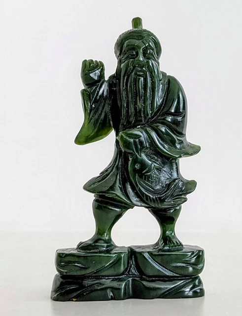 Antique Chinese Spinach Jade Green Carved Fisherman Holding Fish