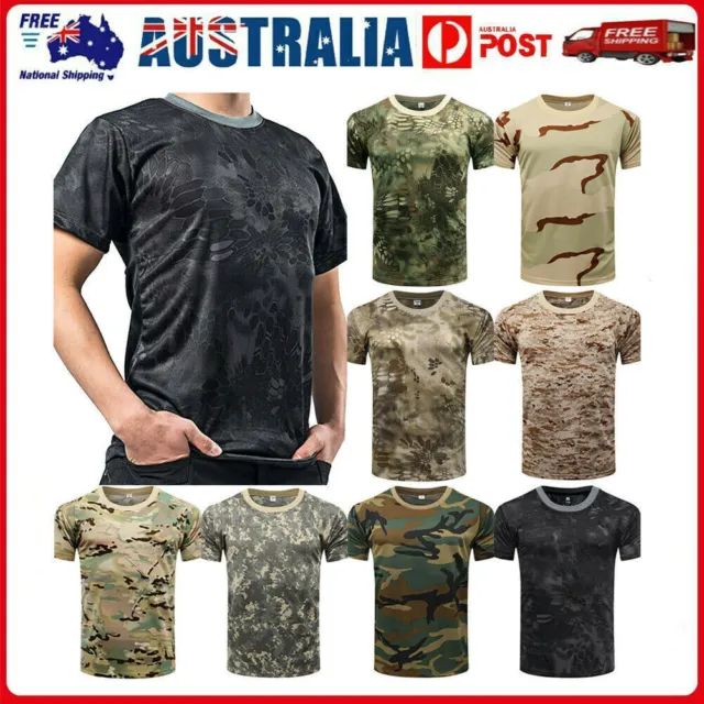 Mens, Camo Military Tactical T-Shirt Army Combat Short Sleeve Tee Tops Summer