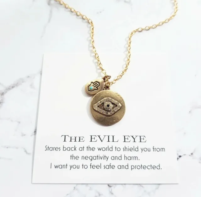 Evil Eye Hamsa Protection Chain Necklace Round Gold Crystal Greek Turkish Third