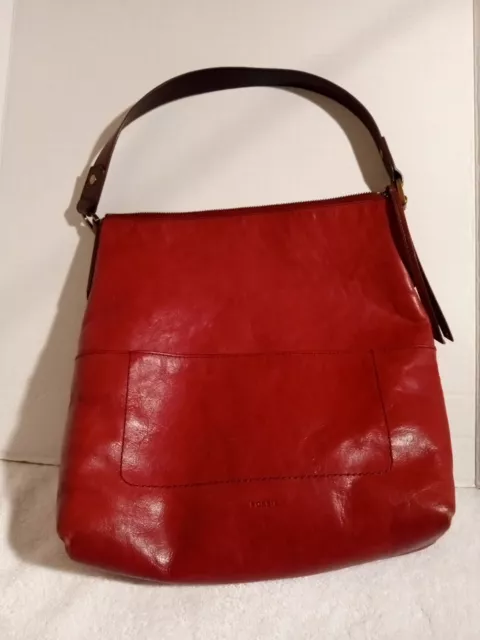 Fossil Red Leather Zipper Closure Small Hobo Shoulder Bag Handbag Purse Tote