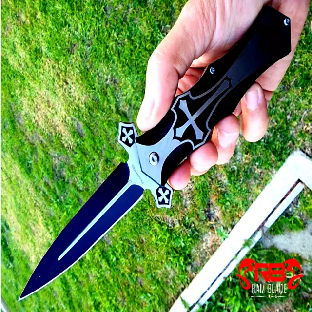 TAC-FORCE Spring Assisted Open CELTIC CROSS Folding STILETTO Pocket Knife BLACK 2