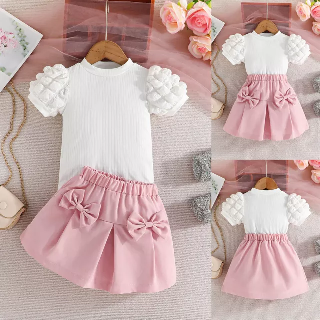 2Pcs Kids Girls Summer Clothes Holiday Puff Sleeve Tops Bow Skirts Dress Set UK