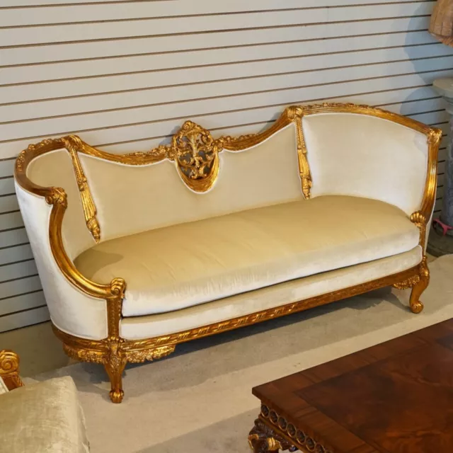 Beautiful French 2 seater love seat mahogany wood antique gold leaf white velvet