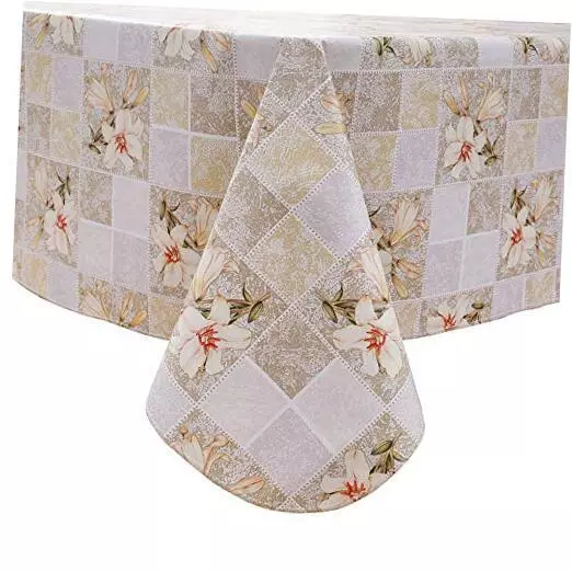 Vinyl Tablecloth with Flannel Backing Stain 60 x 102 Inch Beige Floral