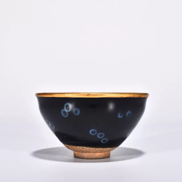 5.1" Antique song dynasty Porcelain jianzhan Black-gilt inlay Fambe temmoku bowl